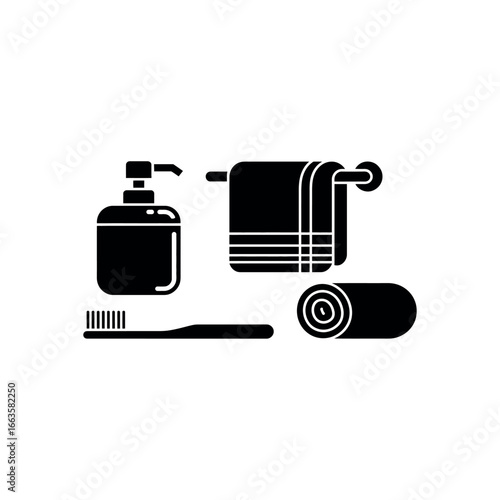 Black silhouette of bathroom accessories including soap dispenser towel and toothbrush hygiene