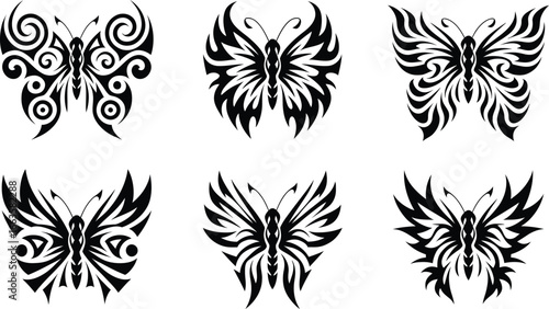 Tribal Butterfly Tattoo design Set, silhouette Symmetrical Wings, vector illustration