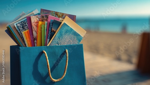 A vibrant blue paper shopping bag, filled with colorful cards and photos, sits on a beach