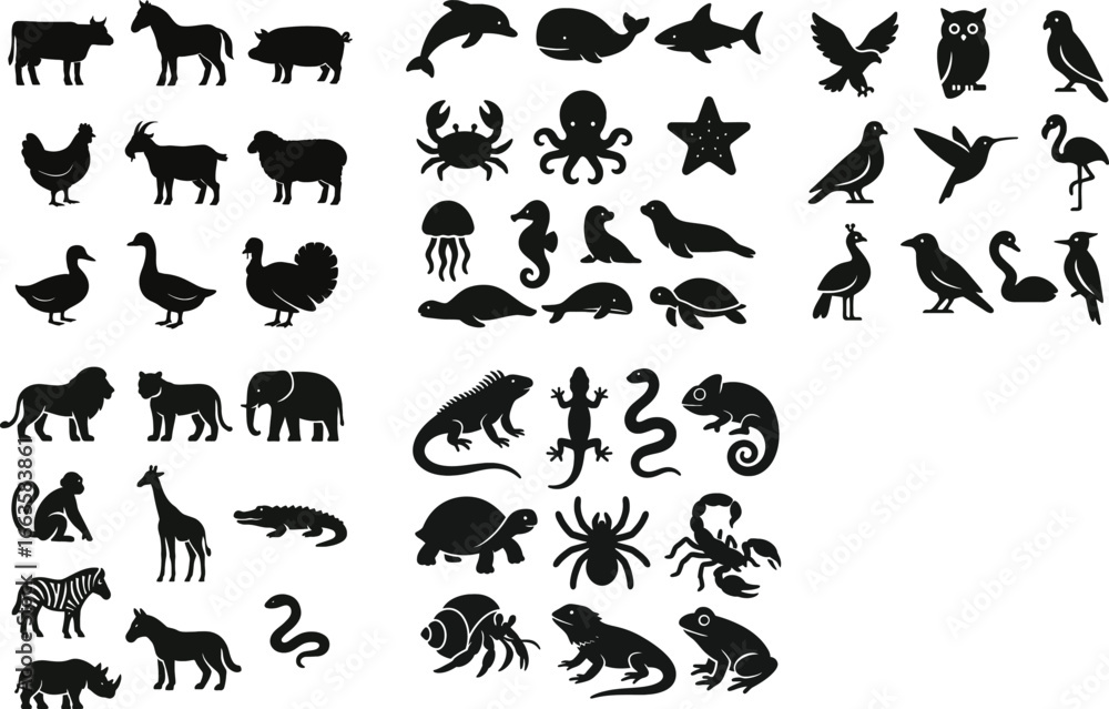 Naklejka premium Silhouette Animal Icons Set - Farm, Wild, Sea, Birds, Reptiles, Insects Collection