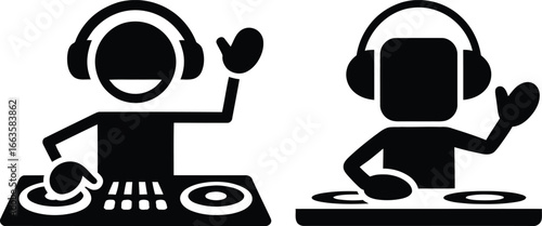 Two djs with headphones mixing music on turntables and controllers