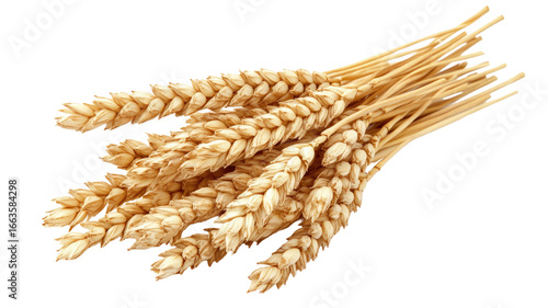 Golden ears of wheat ripe cereal crop isolated on white background