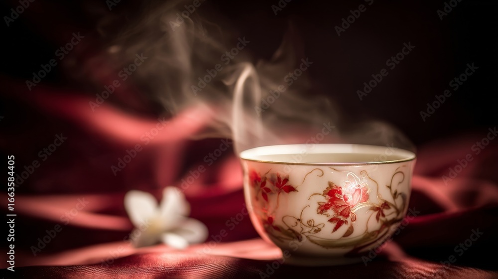 Fototapeta premium An elegant tea cup with red floral patterns emits steam against a dark background,