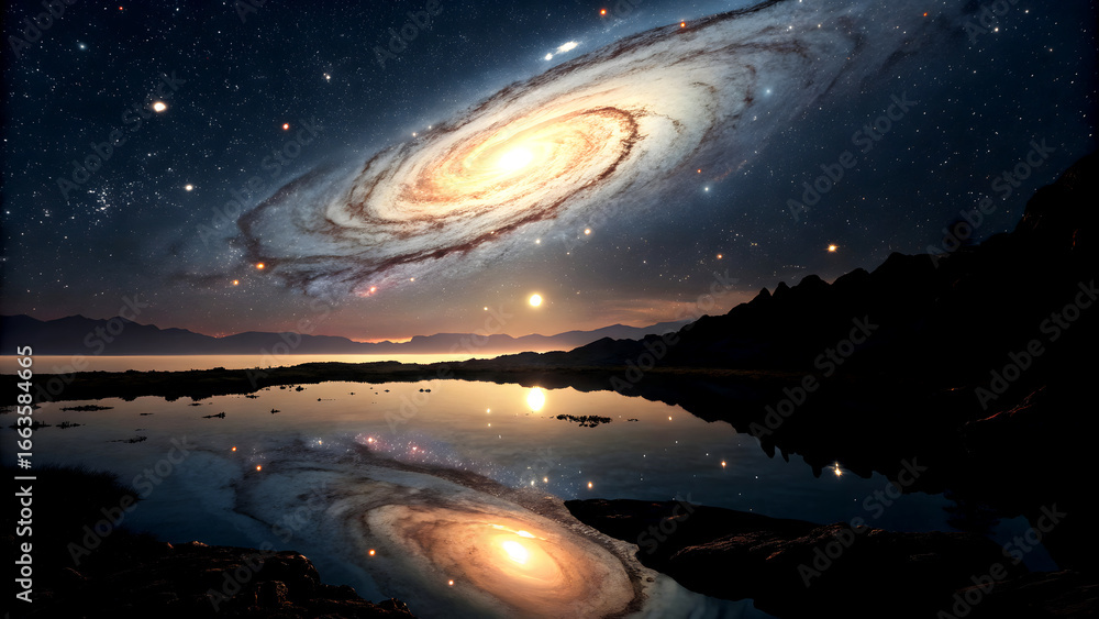 Fototapeta premium Galaxy Reflected in Ocean at Twilight by Forest Shore
