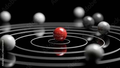 A central red sphere surrounded by orbiting spheres, with concentric circles on a dark background