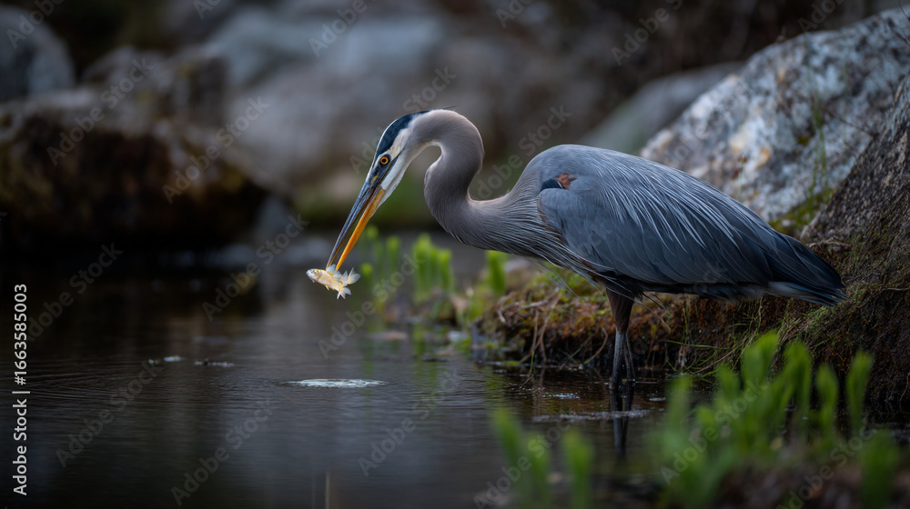 Fototapeta premium A great blue heron with a fish in its beak standing near water with rocks and green vegetation