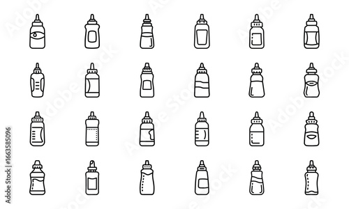 Collection of black and white drink and beverage icons, soda, beer, bubble tea, juice, coffee, tea, wine, cocktails, smoothies, honey jar, pickle jar, milk carton, energy drink, condiment bottles, and