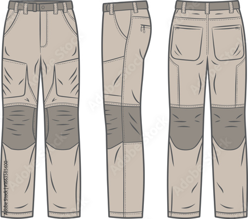 Reinforced Work Pants CAD Drawing – Flat Vector Illustration with Front, Side, and Back Views, Knee Patches, Utility Style, and Detailed Stitching