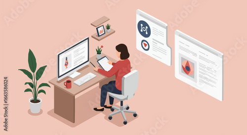 Isometric illustration of a woman working remotely on a computer and tablet, managing online content and digital marketing