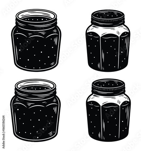 Illustration of four glass jars, ideal for preserving homemade jams and jellies, showcasing their design and functionality for kitchen storage