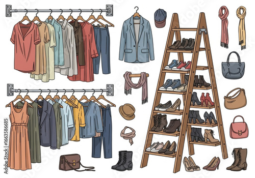 Fashion Store Equipment Vector Set – Hangers, Racks & Ladders for Flea Market or Retail Spaces