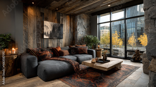 Fototapeta Naklejka Na Ścianę i Meble -  Cozy living room with modern sofa and wood wall panels. Interior mockup, 3d render 