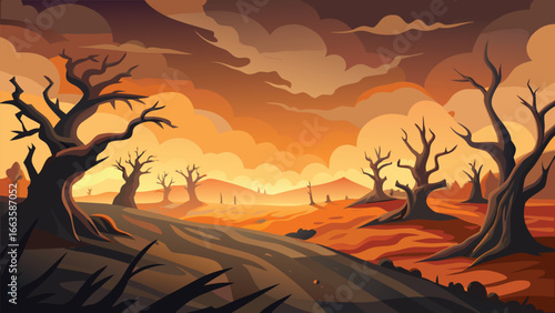Eerie and atmospheric dark landscape painting with a gnarled spooky tree under a dramatic sky