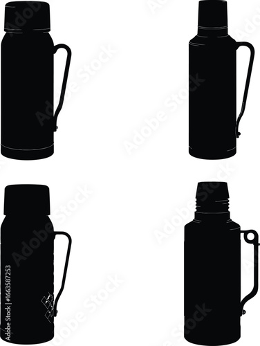 Vector art of silhouette set of four thermos flasks with handles, , representing various designs for keeping beverages hot or cold during outdoor adventures