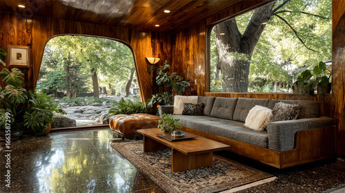 Fototapeta Naklejka Na Ścianę i Meble -  Cozy living room with modern sofa and wood wall panels. Interior mockup, 3d render 