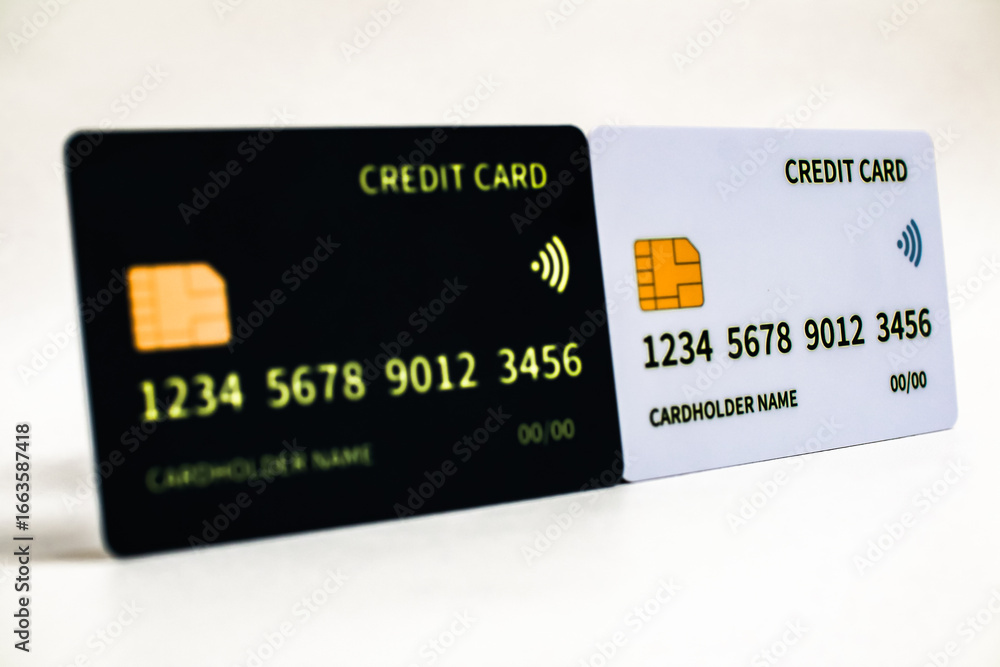 Two Credit Cards, one in black and the other in white, showcase financial payment options Two Credit Cards, one in black and the other in white, showcase financial payment options