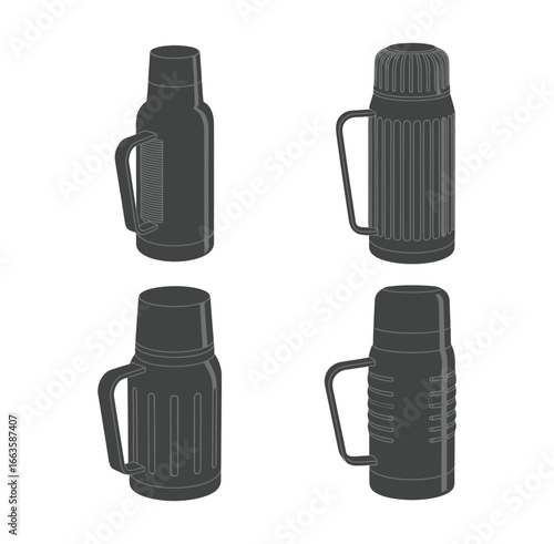 Vector art of set of four thermos flasks with handles, , showcasing various designs and styles for keeping beverages hot or cold during travel and outdoor activities