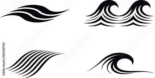 Set of four stylized black ink brush stroke wave designs