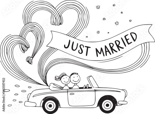 Just Married Bliss: A heartwarming cartoon captures the joyous moment of a newly wedded couple as they embark on their journey together in a classic car, filled with symbols of love and happiness.