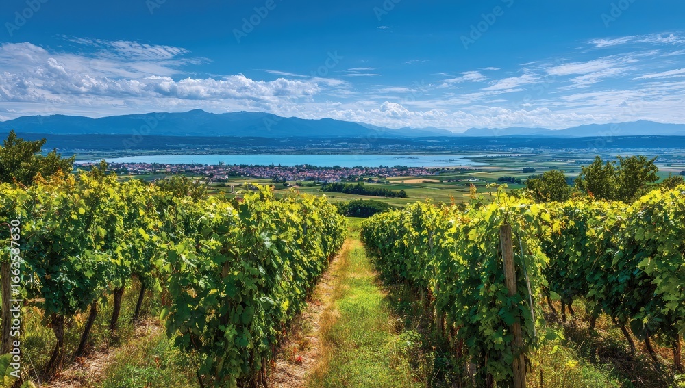 Fototapeta premium Vineyard landscape, sunny day, rows of green grape vines, pathway through the vines, distant lake and mountains, vibrant colors, clear blue sky