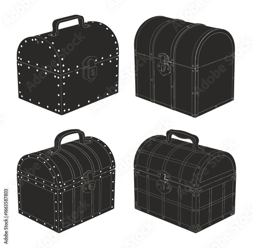 Vector art of collection of four different treasure chests, showcasing various designs and styles of antique wooden boxes for storing valuables and secrets