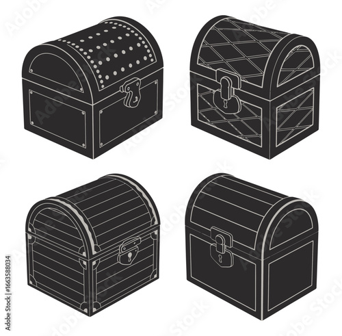 Vector art of collection of four different treasure chests, showcasing various designs and styles of antique wooden boxes for storing valuables and secrets