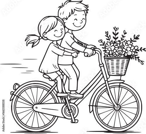 Sweet Bicycle Ride: A delightful cartoon depicts two kids on a bicycle, their smiles mirroring the joy of a shared adventure, while a basket brimming with flowers enhances the charm.