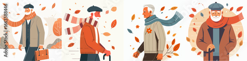 vector of a half body grandfather walking in autumn