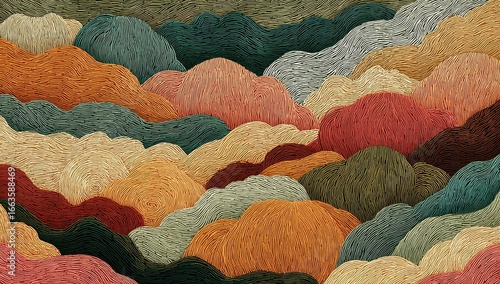 A textured landscape of layered, colorful hills
