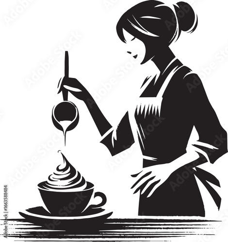 Elegant monochrome depiction: A woman pouring steaming cocoa wit
