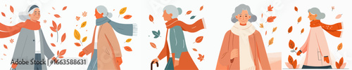 vector of a half body grandmother walking in autumn