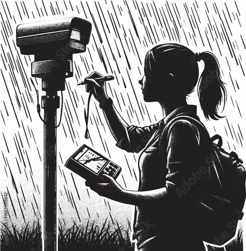 Woman Inspecting Surveillance Camera in Rain with Tablet, Black and White Illustration