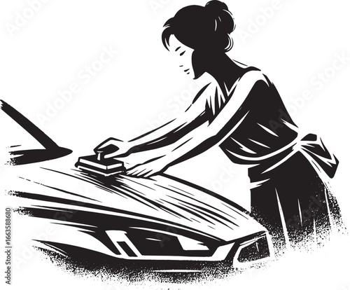 A woman polishing a car in black and white, an illustration of cleaning and care