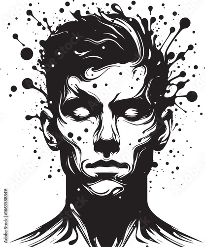 Intense monochrome illustration of a man's face with ink splatters for creative artwork