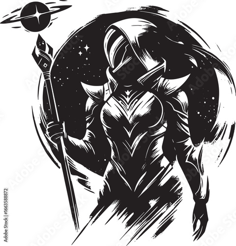 Mysterious space sorceress holding a staff with a planet in a captivating digital illustration