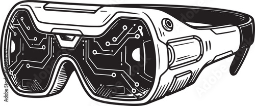 Monochrome line art depicting advanced wearable augmented realit