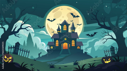 Spooky halloween scene silhouette with haunted elements and eerie atmosphere