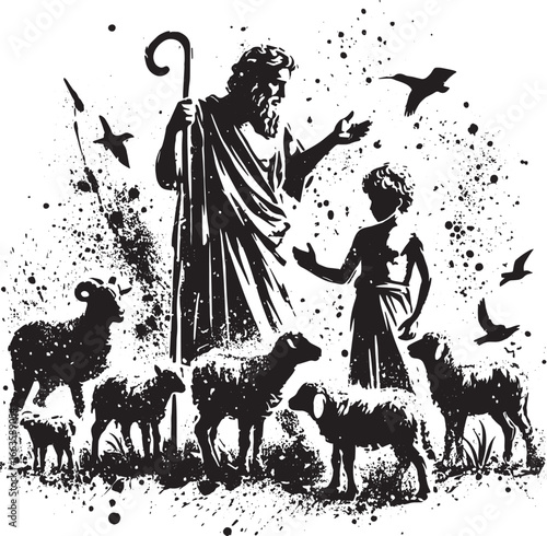 Artistic Silhouette Depicting a Shepherd Guiding Sheep and a Child with Birds in the Sky