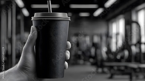 Black and White Image of Hand Holding Coffee Cup Inside Fitness Center