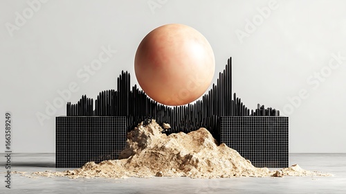 Floating Peach Sphere with Black Geometric Structures and Sand Mound on Neutral Background