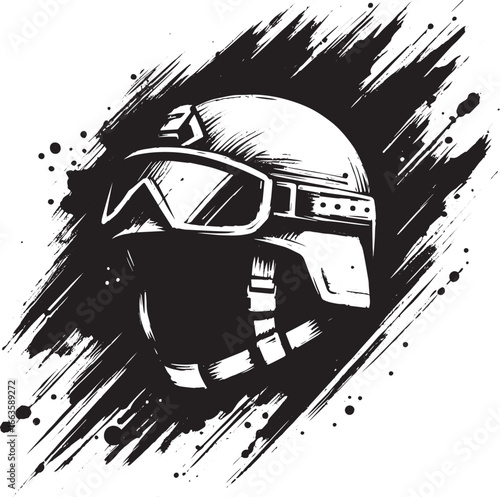 Striking sumi-e depiction of a combat helmet, ideal for tactical