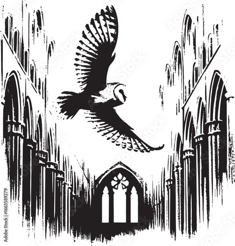 A Silhouette of a Barn Owl Soaring Over Gothic Architecture in Black and White