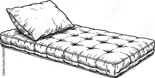 Monochrome Illustration of a Tufted Floor Cushion and Pillow for