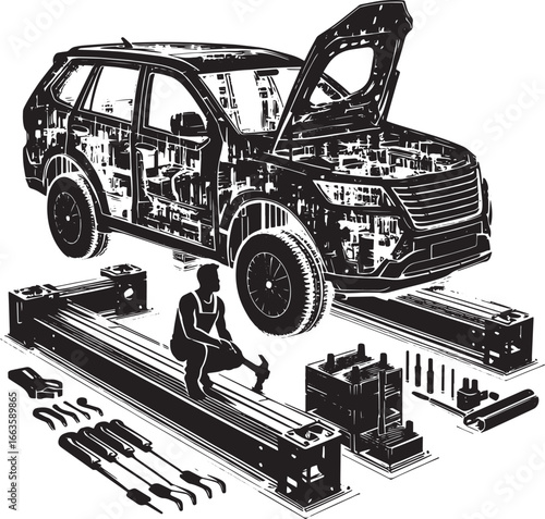 Detailed black and white illustration of a car being repaired in a mechanic shop environment