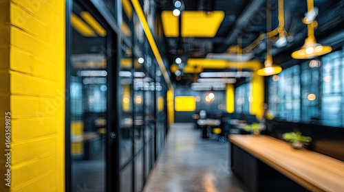 Interior view of a modern office space with yellow accents.