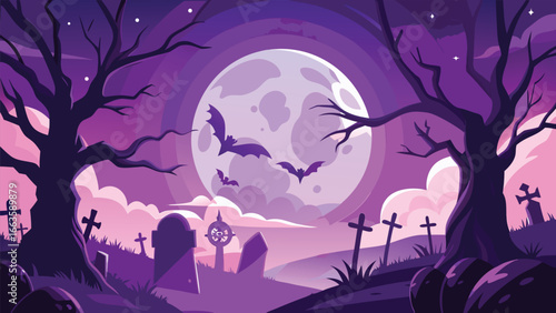 Spooky halloween night scene with a large full moon and eerie atmosphere