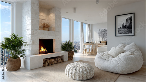 Fototapeta Naklejka Na Ścianę i Meble -  Minimalist living room interior with white walls and modern fireplace. Interior mockup, 3d render