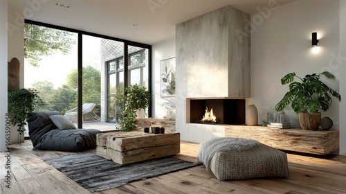Fototapeta Naklejka Na Ścianę i Meble -  Minimalist living room interior with white walls and modern fireplace. Interior mockup, 3d render