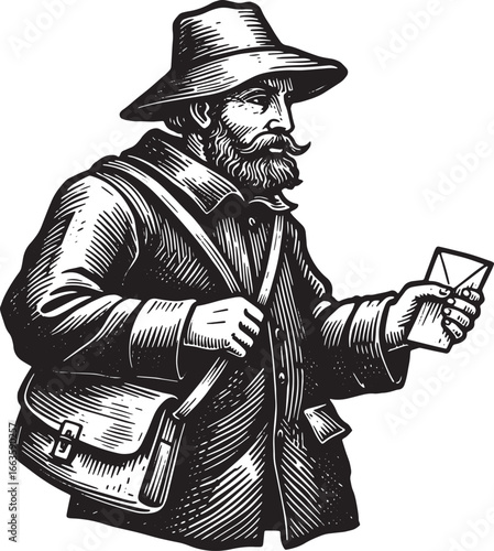 Vintage style messenger with letter black and white illustration