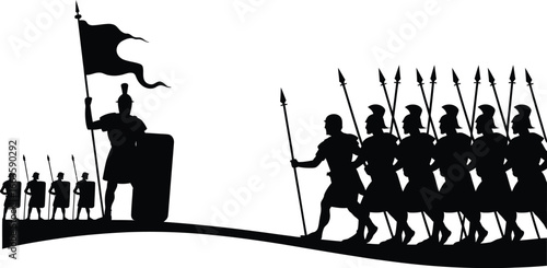 Silhouette of ancient roman soldiers marching with a leader holding a banner